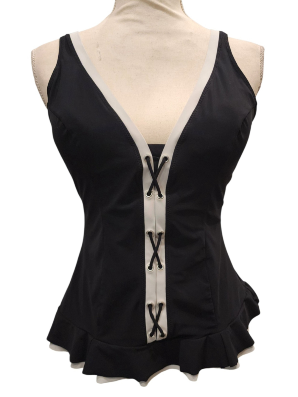 Profile by Gottex Size 12 Black White Lace Tankini Swimsuit Top Ruffle Hem